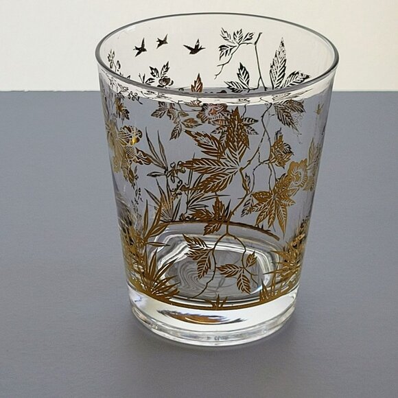 Vintage MCM Clear & 22K Gold Foil Leaves Double Old Fashioned Tumbler Set of 2 - Picture 5 of 10